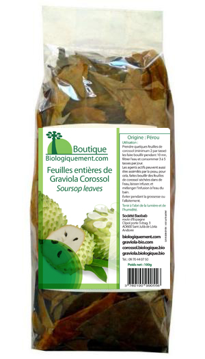 Cliquez su le sachet pour acheter des feuilles de graviola corossol sur la boutique en ligne biologiquement.shop